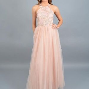 MORGAN & CO - EMBROIDERED HALTER NECK MESH GOWN